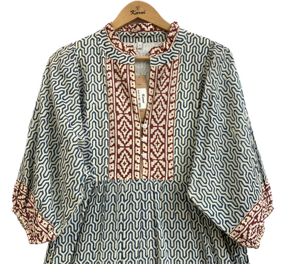 Indigo & Rust Geometric Block Print Cotton Maxi Dress – Indian Boho Tiered Dress
