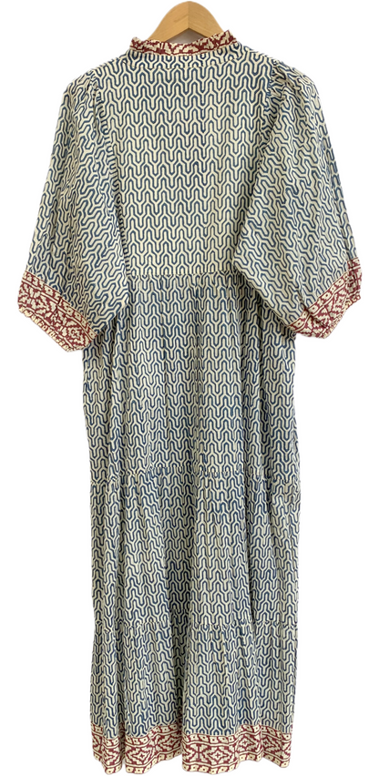 Indigo & Rust Geometric Block Print Cotton Maxi Dress – Indian Boho Tiered Dress