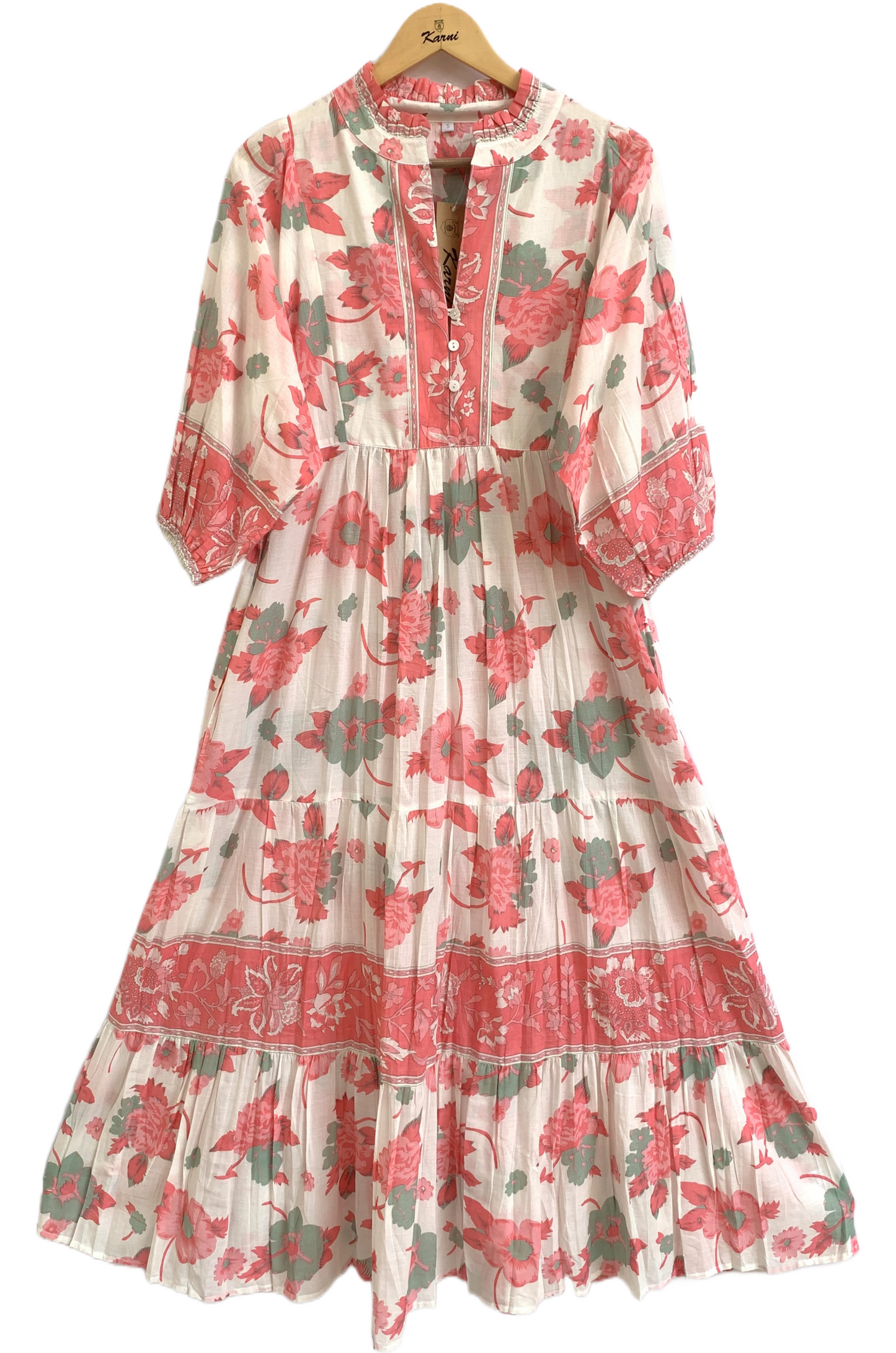 Peach Sage Floral Hand Screen Print Cotton Maxi Dress – Boho Tiered Style
