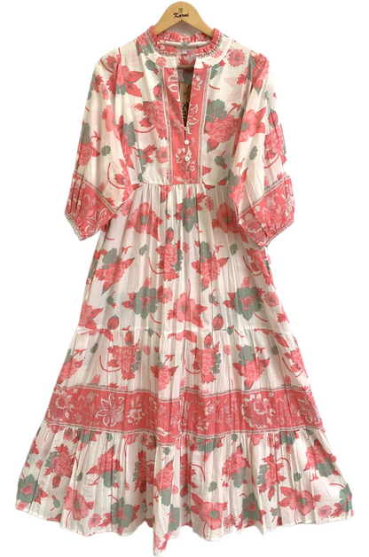 Peach Sage Floral Hand Screen Print Cotton Maxi Dress – Boho Tiered Style