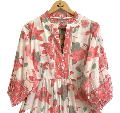 Peach Sage Floral Hand Screen Print Cotton Maxi Dress – Boho Tiered Style