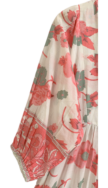 Peach Sage Floral Hand Screen Print Cotton Maxi Dress – Boho Tiered Style