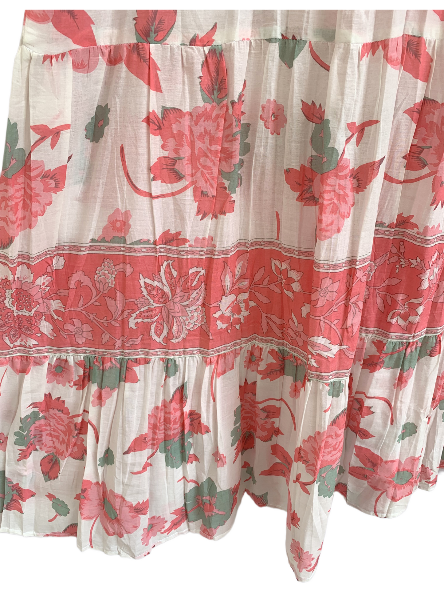 Peach Sage Floral Hand Screen Print Cotton Maxi Dress – Boho Tiered Style