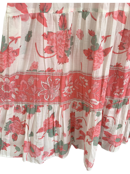 Peach Sage Floral Hand Screen Print Cotton Maxi Dress – Boho Tiered Style