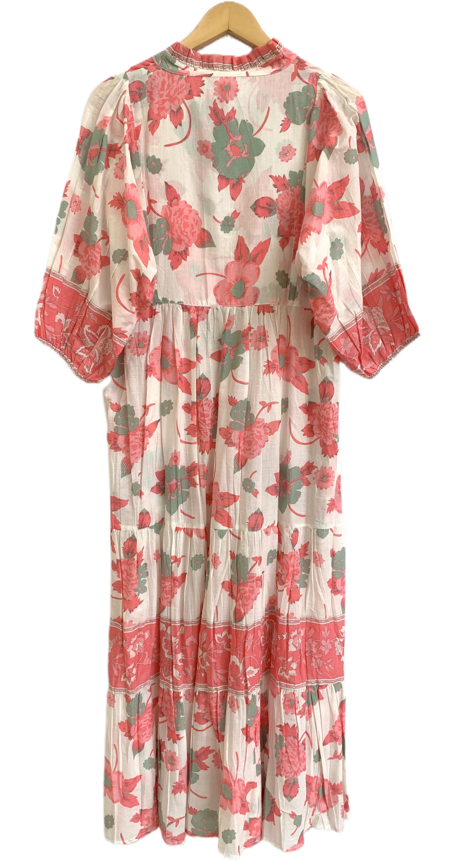 Peach Sage Floral Hand Screen Print Cotton Maxi Dress – Boho Tiered Style