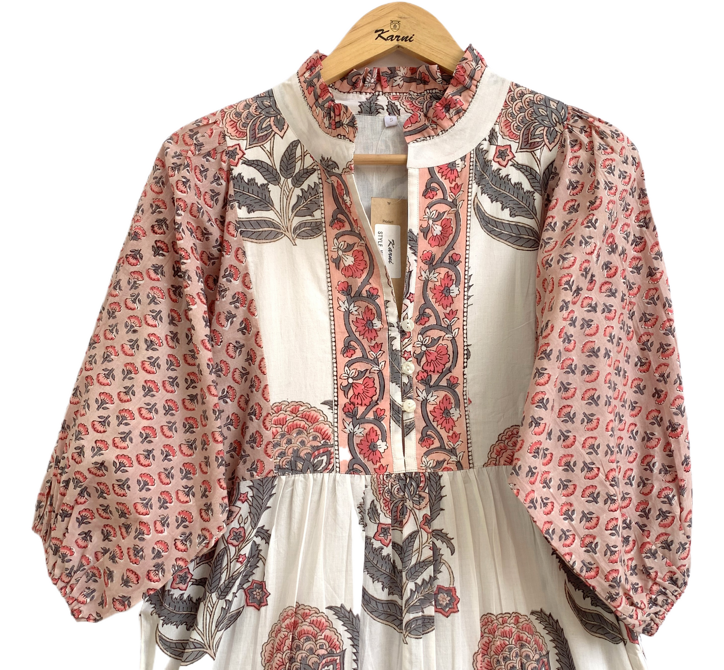 Blush Floral Hand Block Print Cotton Maxi Dress – Indian Boho Tiered Dress with Puff Sleeves