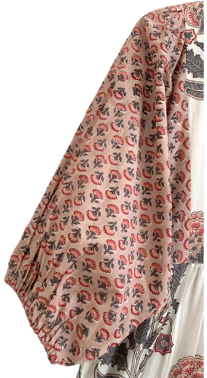 Blush Floral Hand Block Print Cotton Maxi Dress – Indian Boho Tiered Dress with Puff Sleeves