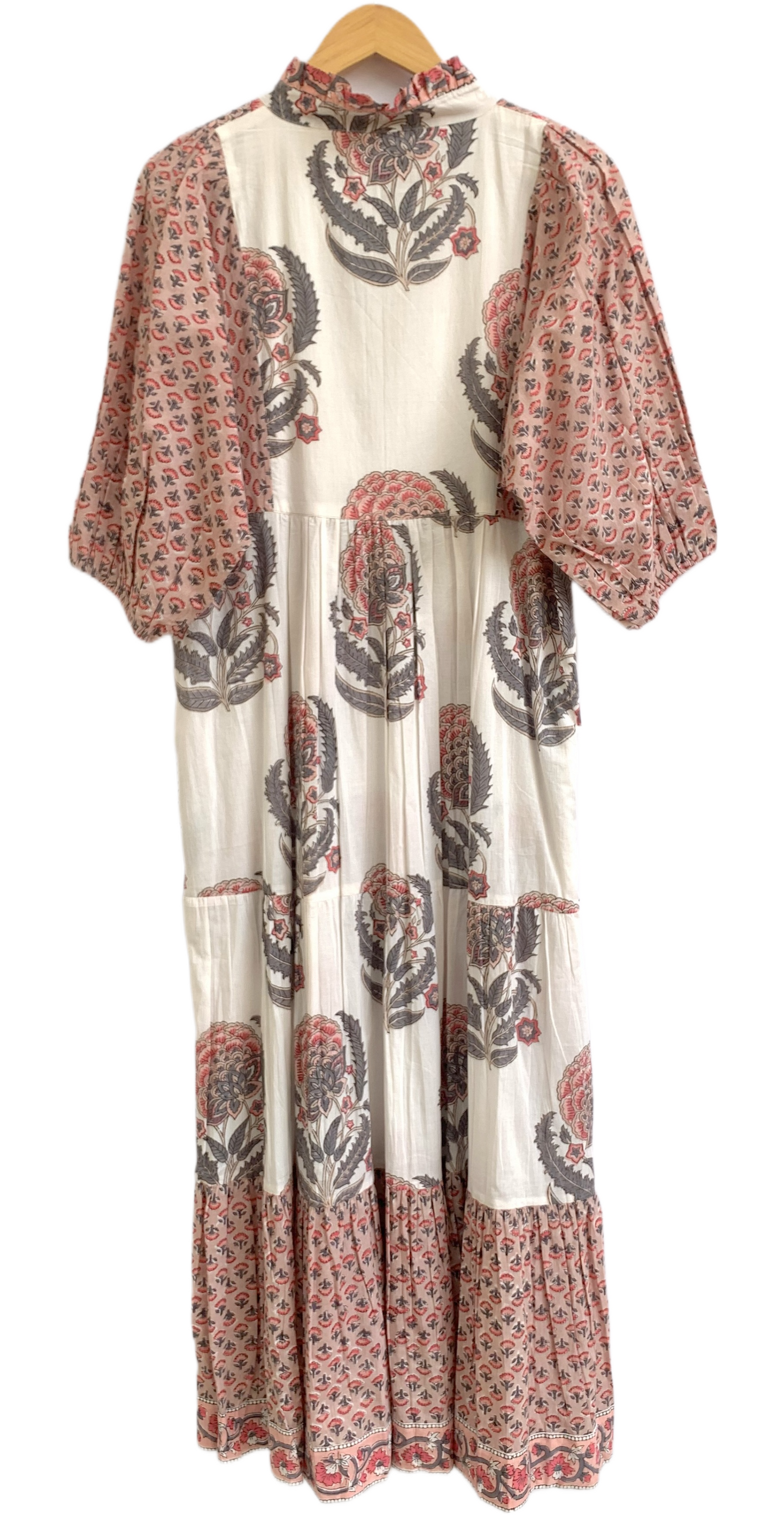 Blush Floral Hand Block Print Cotton Maxi Dress – Indian Boho Tiered Dress with Puff Sleeves