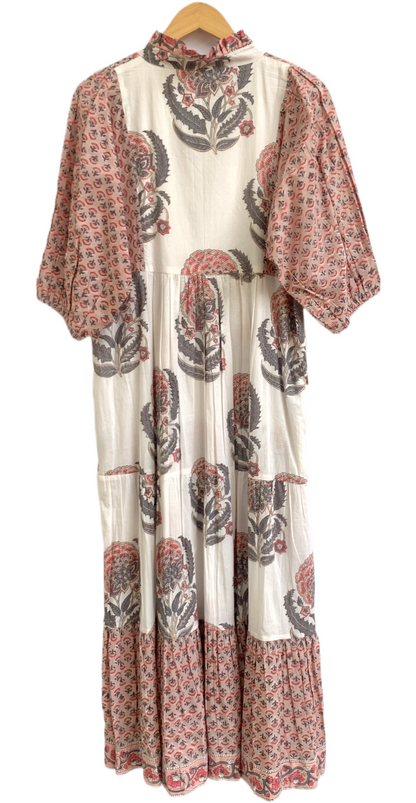 Blush Floral Hand Block Print Cotton Maxi Dress – Indian Boho Tiered Dress with Puff Sleeves