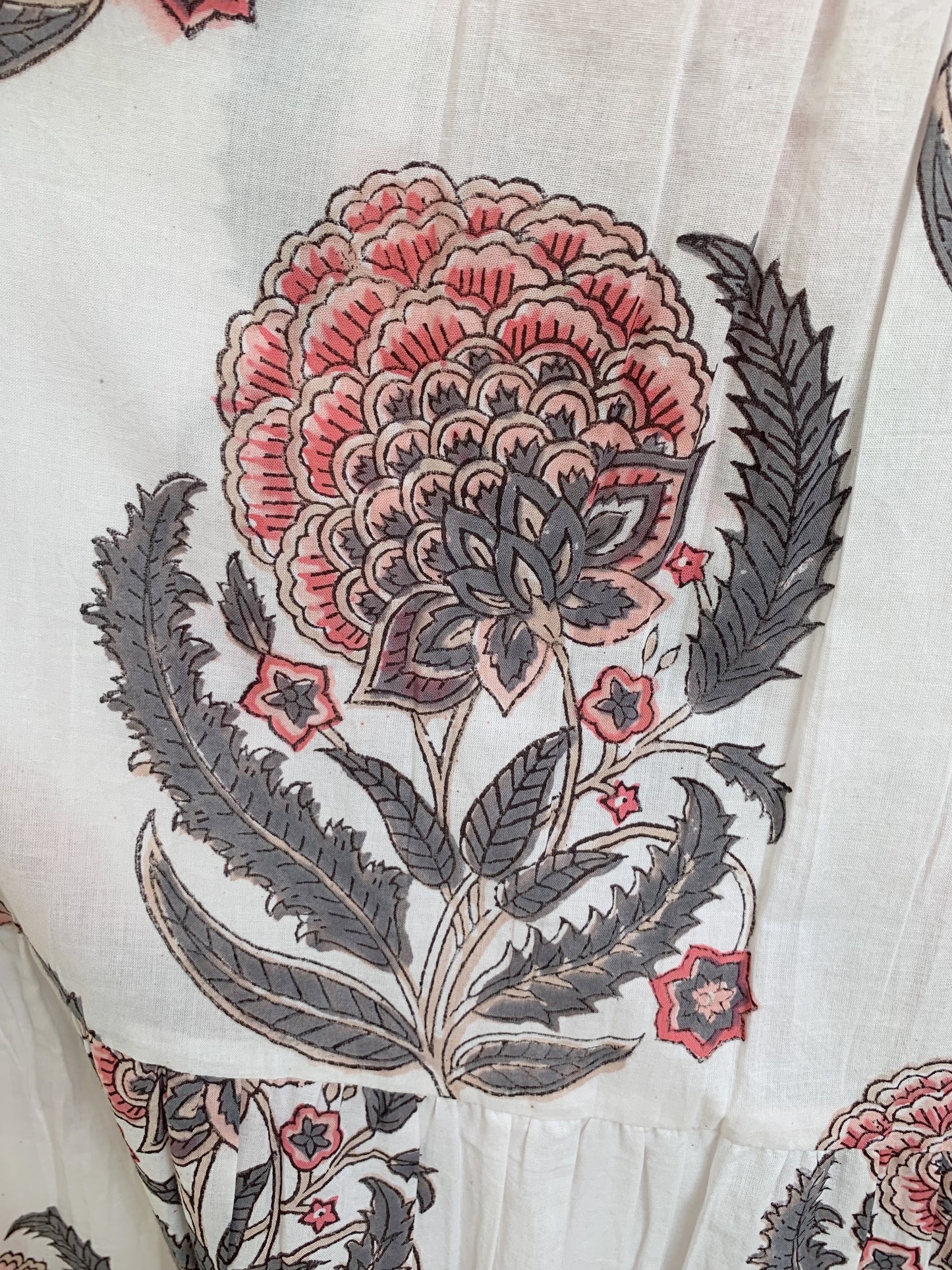 Blush Floral Hand Block Print Cotton Maxi Dress – Indian Boho Tiered Dress with Puff Sleeves