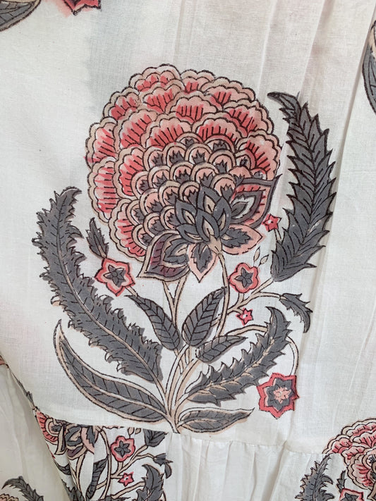 Blush Floral Hand Block Print Cotton Maxi Dress – Indian Boho Tiered Dress with Puff Sleeves