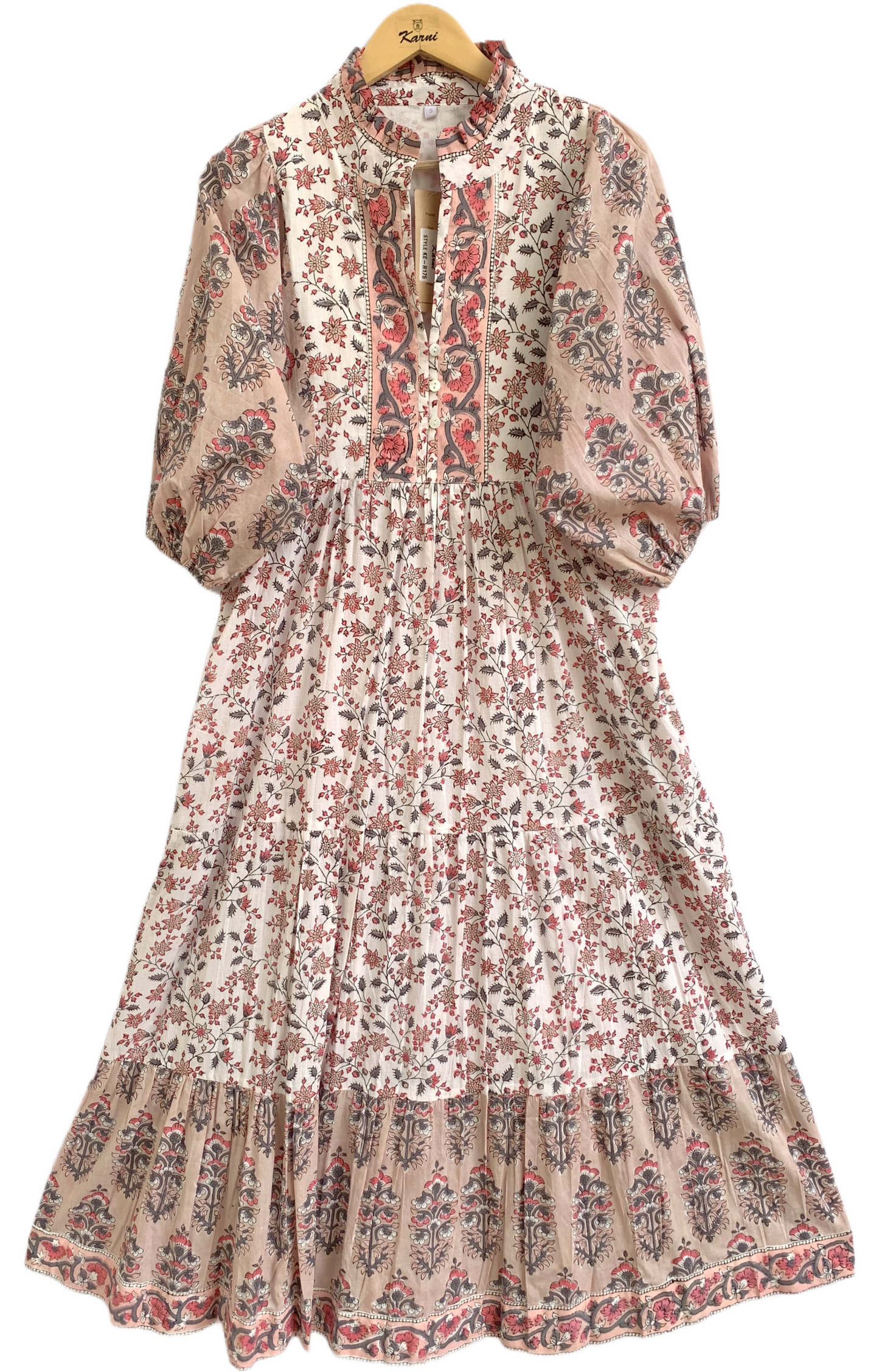 Blush Pink Beige Floral Hand Block Print Cotton Maxi Dress – Boho Tiered Summer Style