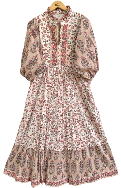 Blush Pink Beige Floral Hand Block Print Cotton Maxi Dress – Boho Tiered Summer Style