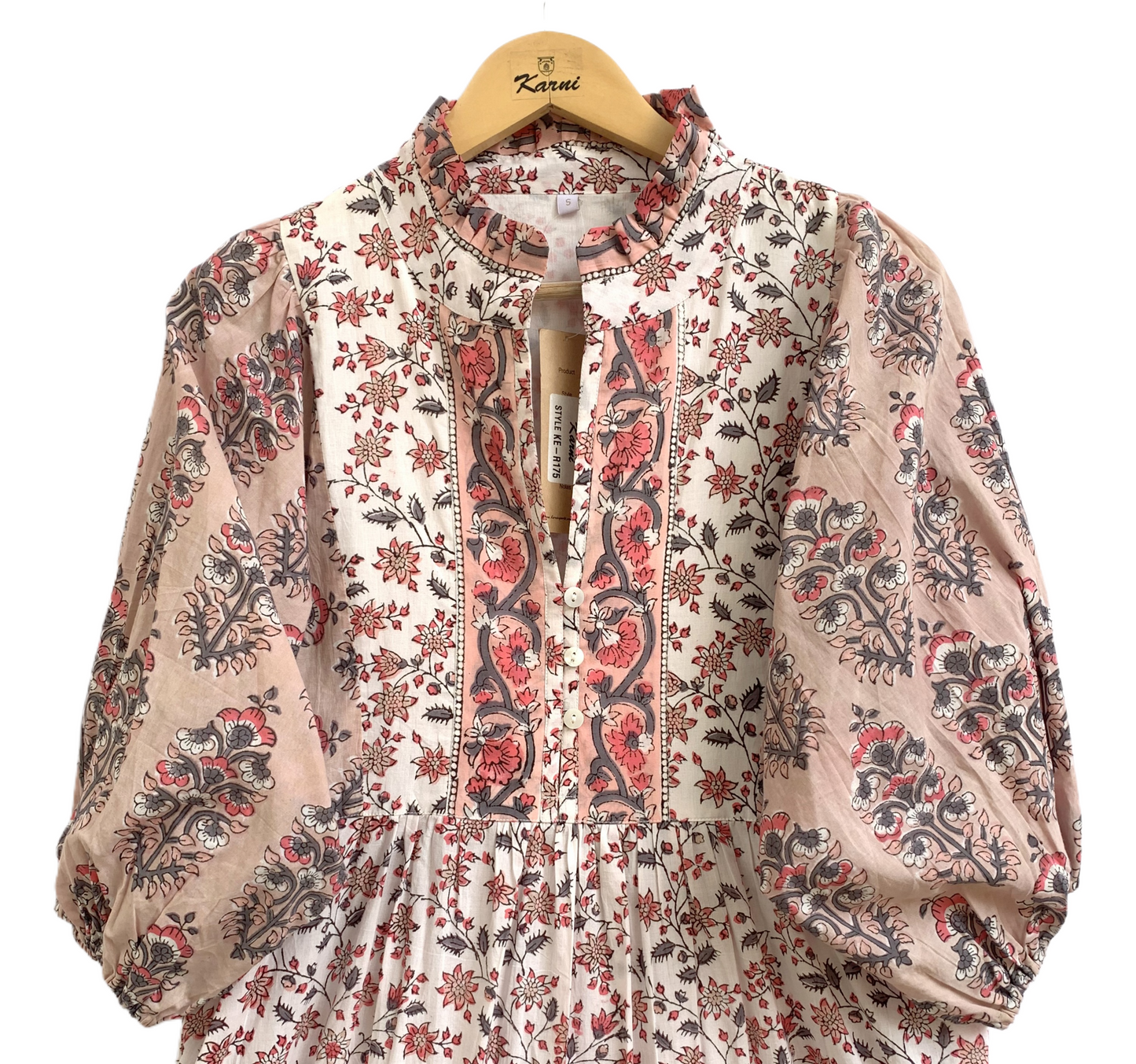 Blush Pink Beige Floral Hand Block Print Cotton Maxi Dress – Boho Tiered Summer Style