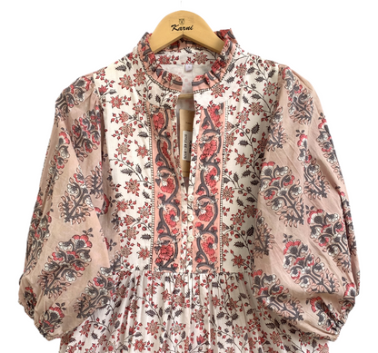 Blush Pink Beige Floral Hand Block Print Cotton Maxi Dress – Boho Tiered Summer Style