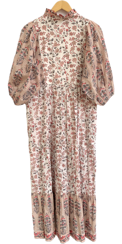 Blush Pink Beige Floral Hand Block Print Cotton Maxi Dress – Boho Tiered Summer Style
