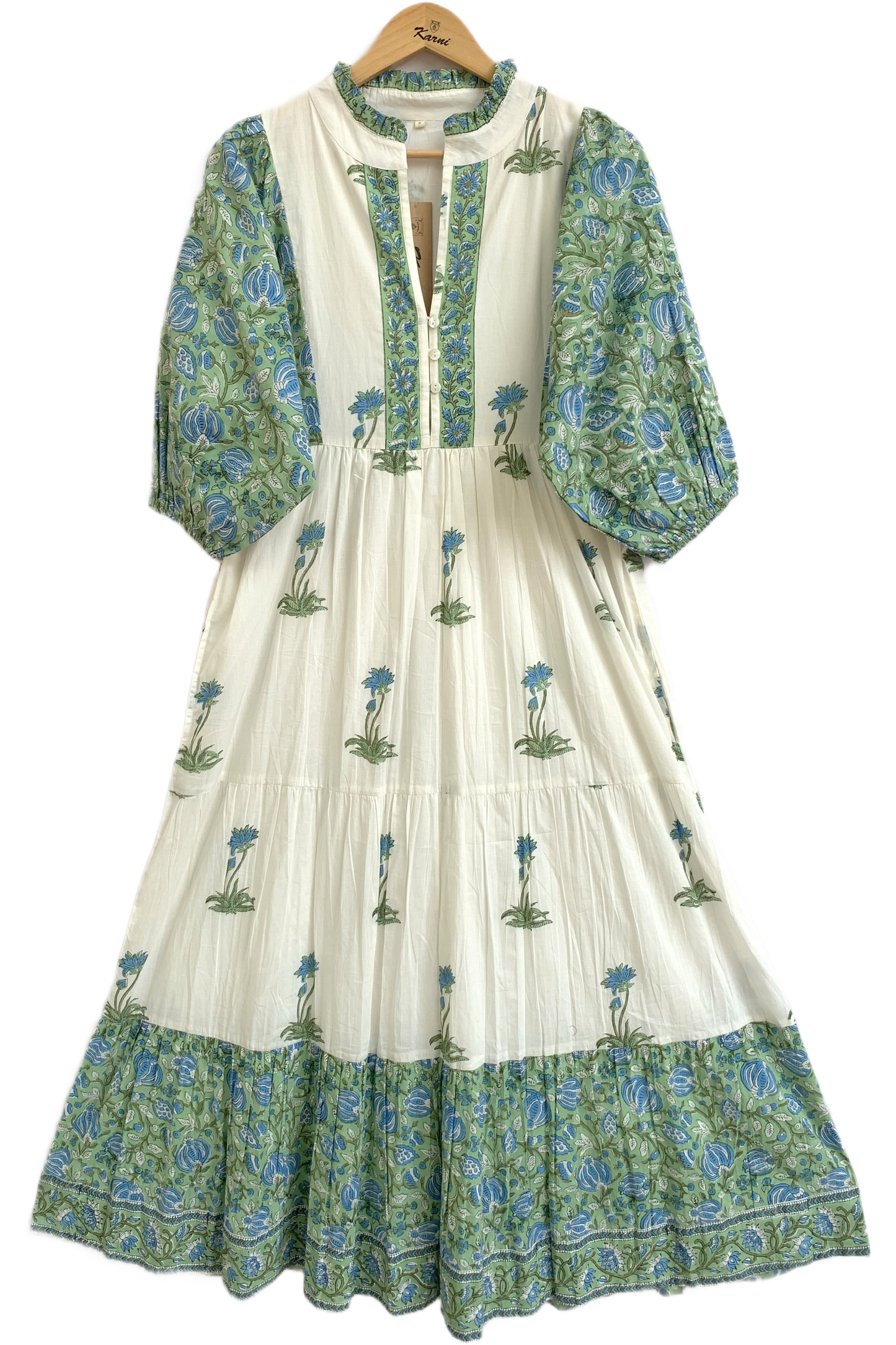 Green Floral Block Print Cotton Maxi Dress – Boho Tiered Maxi Dress