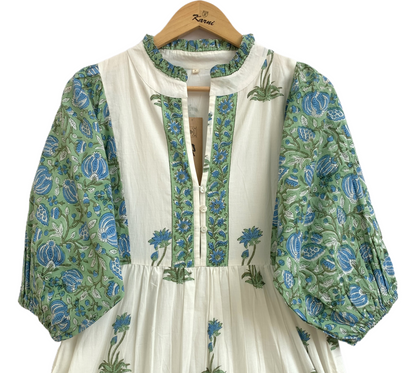 Green Floral Block Print Cotton Maxi Dress – Boho Tiered Maxi Dress