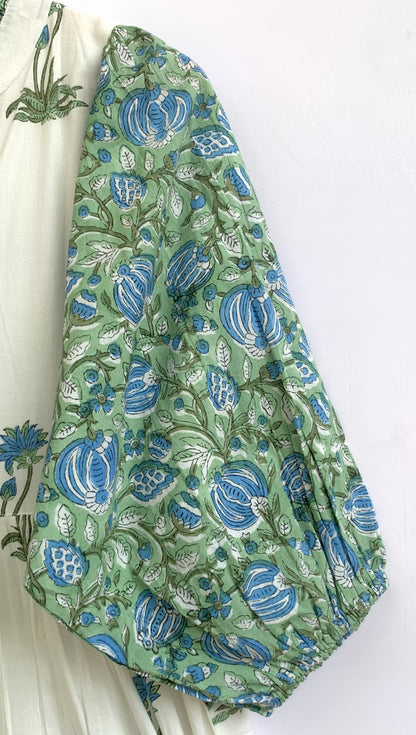 Green Floral Block Print Cotton Maxi Dress – Boho Tiered Maxi Dress