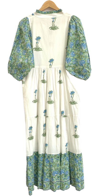 Green Floral Block Print Cotton Maxi Dress – Boho Tiered Maxi Dress
