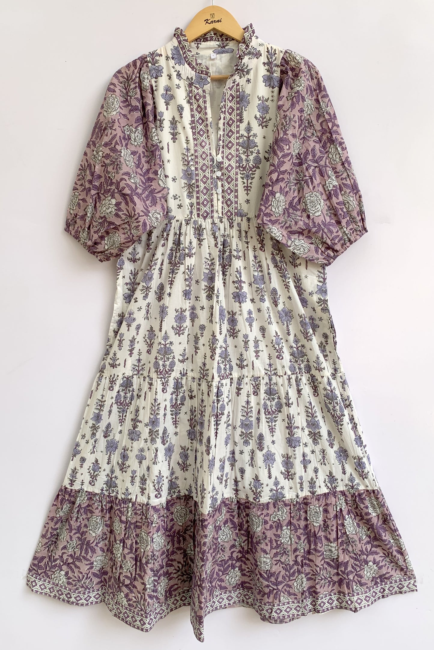 Lavender & Ivory Floral Hand Block Print Cotton Maxi Dress – Boho Tiered Dress with Puff Sleeves