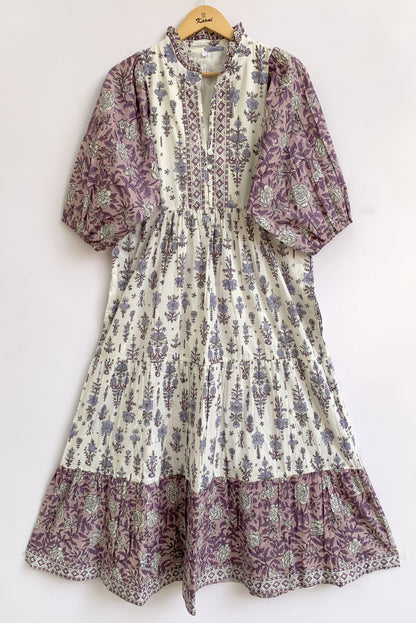 Lavender & Ivory Floral Hand Block Print Cotton Maxi Dress – Boho Tiered Dress with Puff Sleeves