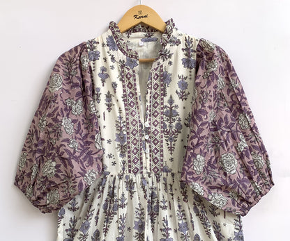 Lavender & Ivory Floral Hand Block Print Cotton Maxi Dress – Boho Tiered Dress with Puff Sleeves