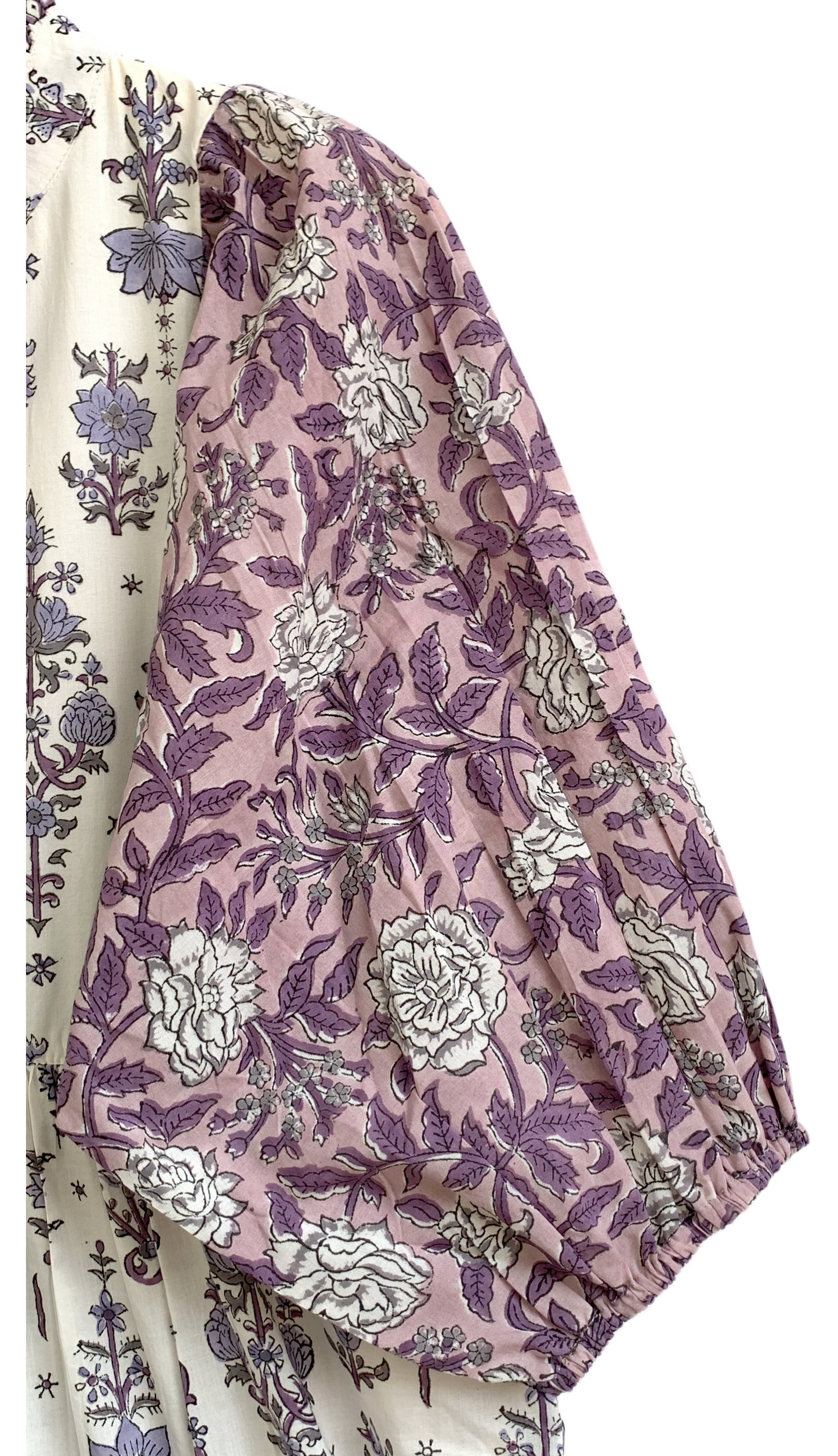 Lavender & Ivory Floral Hand Block Print Cotton Maxi Dress – Boho Tiered Dress with Puff Sleeves