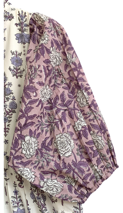 Lavender & Ivory Floral Hand Block Print Cotton Maxi Dress – Boho Tiered Dress with Puff Sleeves
