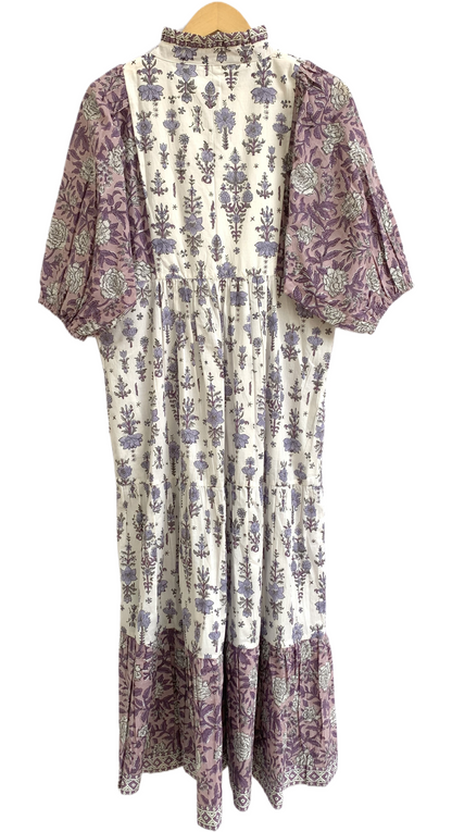 Lavender & Ivory Floral Hand Block Print Cotton Maxi Dress – Boho Tiered Dress with Puff Sleeves