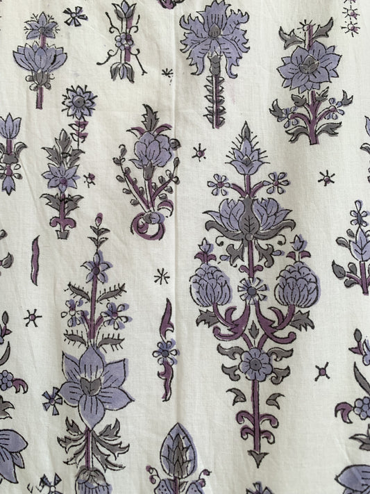 Lavender & Ivory Floral Hand Block Print Cotton Maxi Dress – Boho Tiered Dress with Puff Sleeves