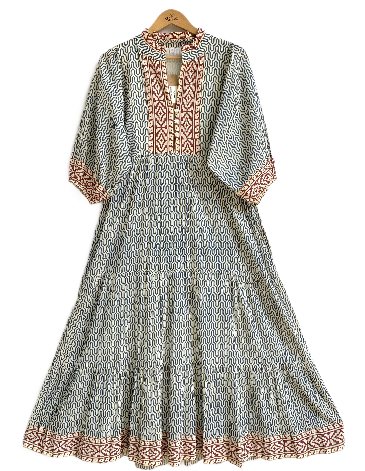 Indigo & Rust Geometric Block Print Cotton Maxi Dress – Indian Boho Tiered Dress