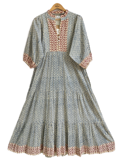 Indigo & Rust Geometric Block Print Cotton Maxi Dress – Indian Boho Tiered Dress