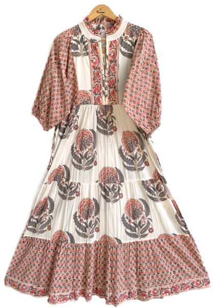 Blush Floral Hand Block Print Cotton Maxi Dress – Indian Boho Tiered Dress with Puff Sleeves