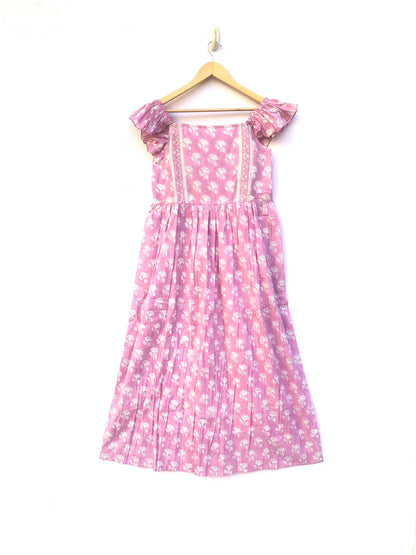 Pretty Pink Floral Cotton Maxi Dress – Frill Strap & Square Neckline – Hand Block Printed Dress