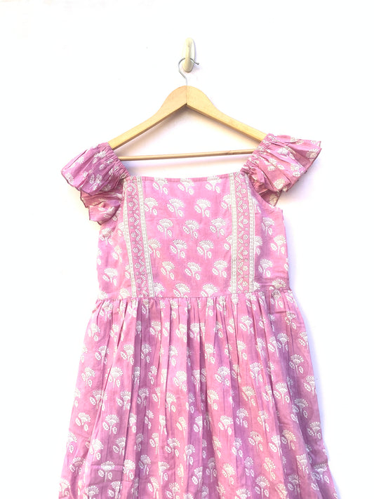 Pretty Pink Floral Cotton Maxi Dress – Frill Strap & Square Neckline – Hand Block Printed Dress