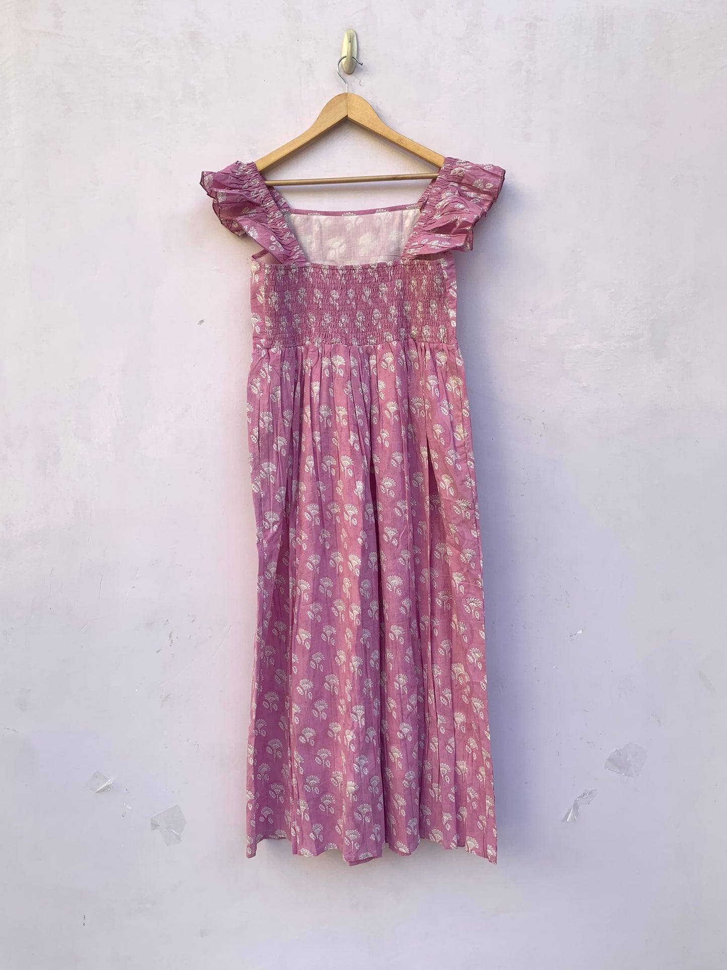 Pretty Pink Floral Cotton Maxi Dress – Frill Strap & Square Neckline – Hand Block Printed Dress