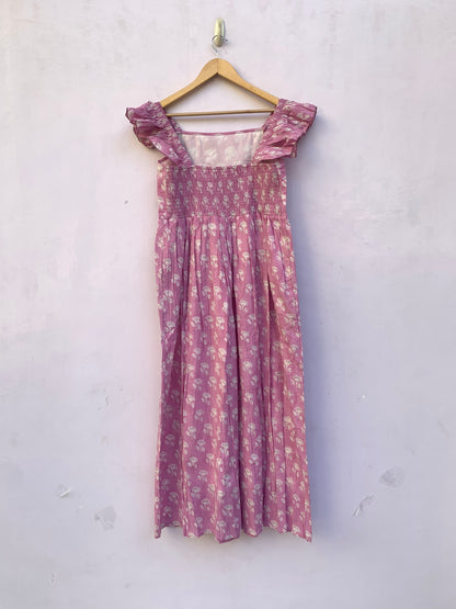 Pretty Pink Floral Cotton Maxi Dress – Frill Strap & Square Neckline – Hand Block Printed Dress