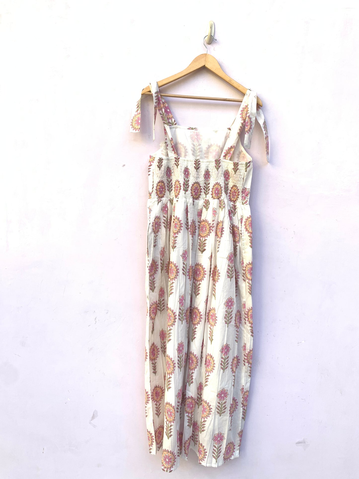 Floral Print Maxi Dress: Knotty Strap Smocked Cotton Dress