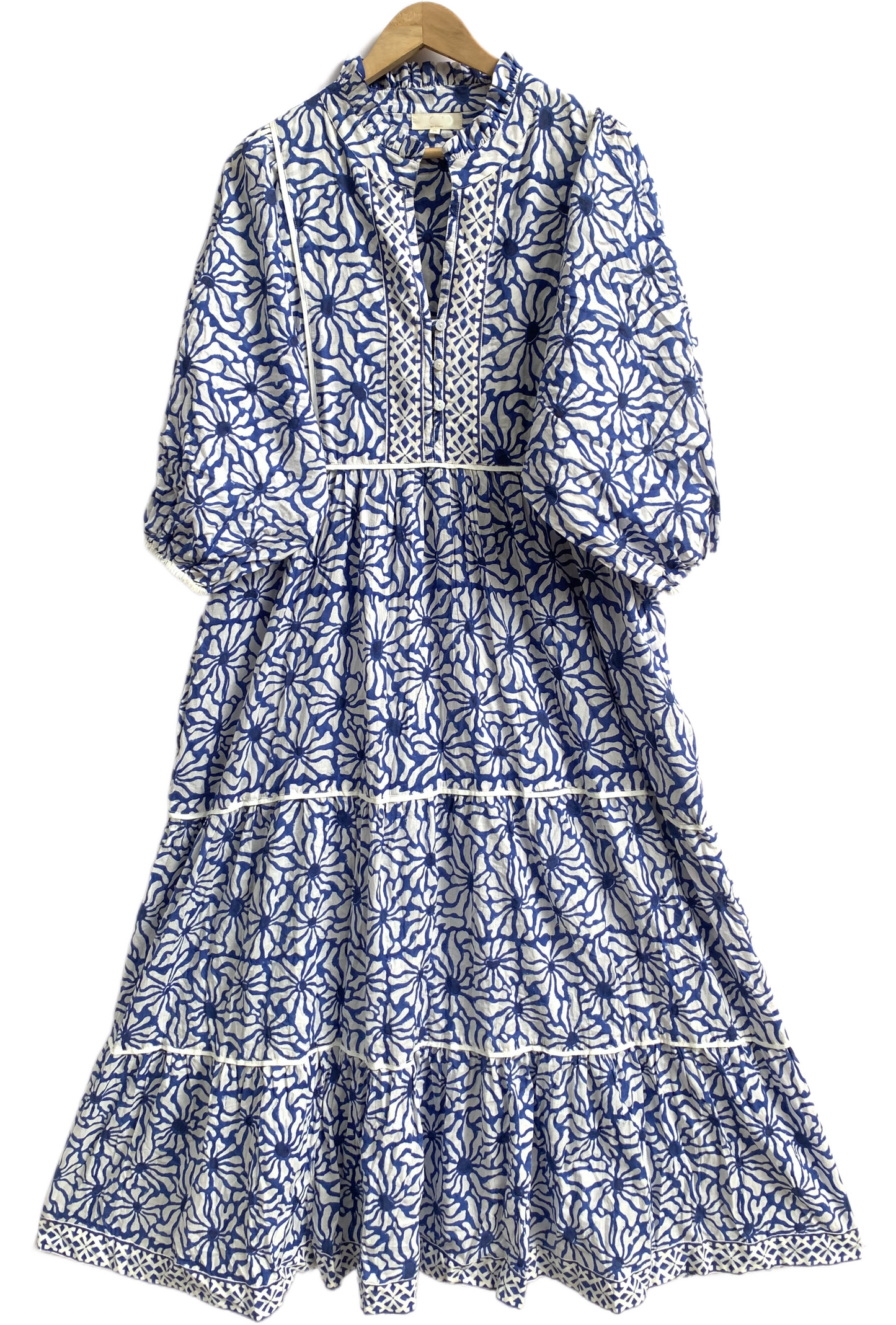 Blue White Block Print Cotton Tiered Maxi Dress – Boho Indian Summer Dress with Long Sleeves