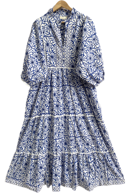 Blue White Block Print Cotton Tiered Maxi Dress – Boho Indian Summer Dress with Long Sleeves