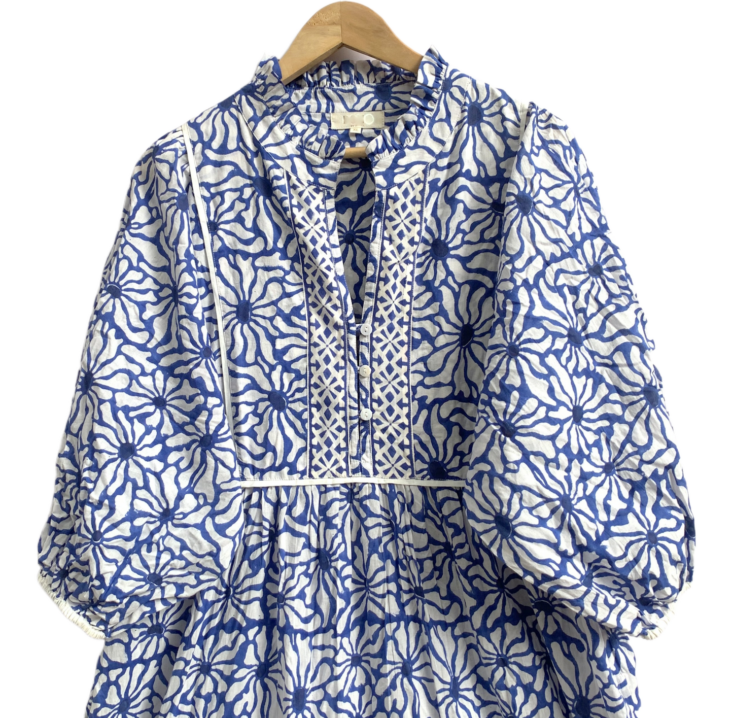 Blue White Block Print Cotton Tiered Maxi Dress – Boho Indian Summer Dress with Long Sleeves