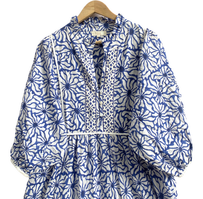 Blue White Block Print Cotton Tiered Maxi Dress – Boho Indian Summer Dress with Long Sleeves