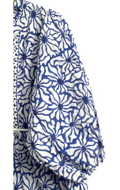 Blue White Block Print Cotton Tiered Maxi Dress – Boho Indian Summer Dress with Long Sleeves