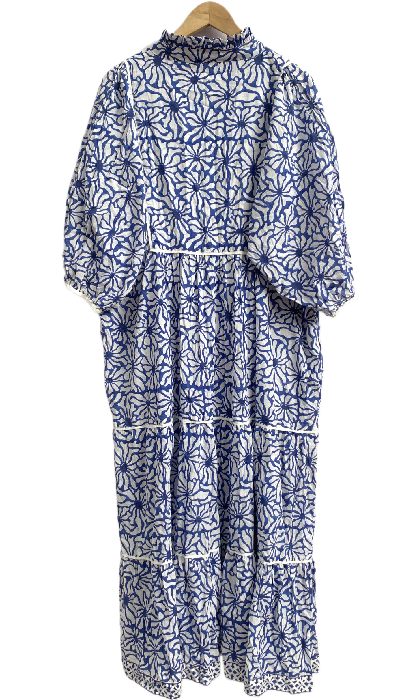 Blue White Block Print Cotton Tiered Maxi Dress – Boho Indian Summer Dress with Long Sleeves