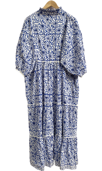 Blue White Block Print Cotton Tiered Maxi Dress – Boho Indian Summer Dress with Long Sleeves