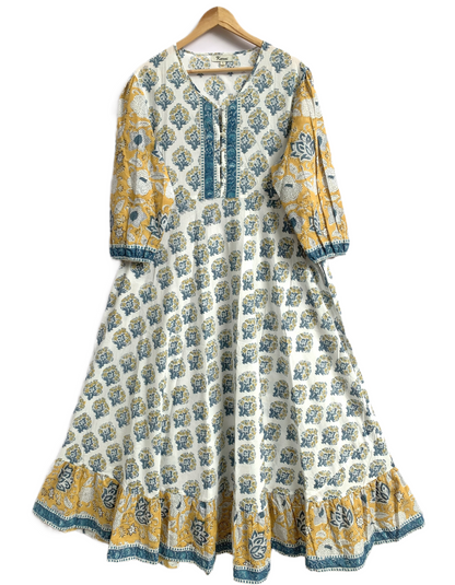 Yellow Ivory Floral Hand Block Print Cotton Maxi Dress – Boho Tiered Indian Style