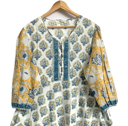 Yellow Ivory Floral Hand Block Print Cotton Maxi Dress – Boho Tiered Indian Style