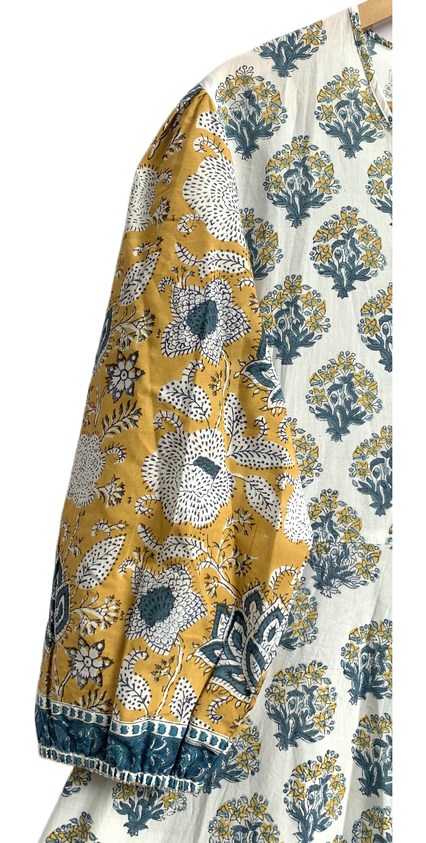 Yellow Ivory Floral Hand Block Print Cotton Maxi Dress – Boho Tiered Indian Style