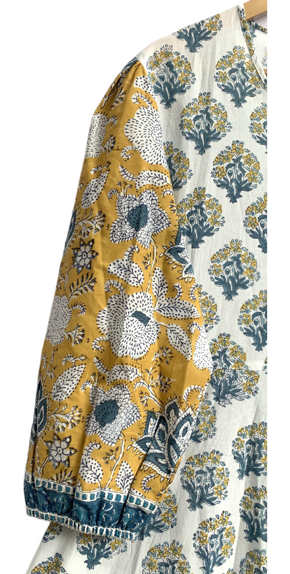 Yellow Ivory Floral Hand Block Print Cotton Maxi Dress – Boho Tiered Indian Style